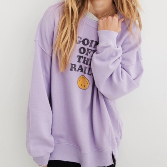 Aerie Purple Distressed Oversized Going Off The Rails Sweatshirt - Picture 2 of 7